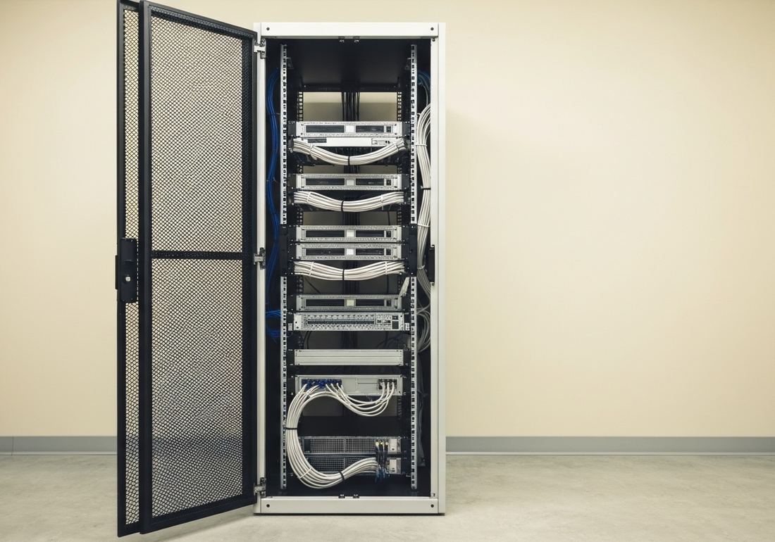 A GBAI 1000 rack cabinet with the front door open, showing rack-mounted units